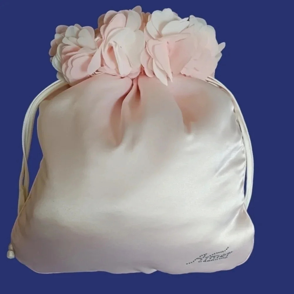 Aimer satin Dragstring Pouch Bag W/Stunning Floral Around The Top Blush Pink